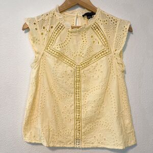 Sanctuary Embroidered Lace Ruffle Sleeve Blouse Butter Yellow S